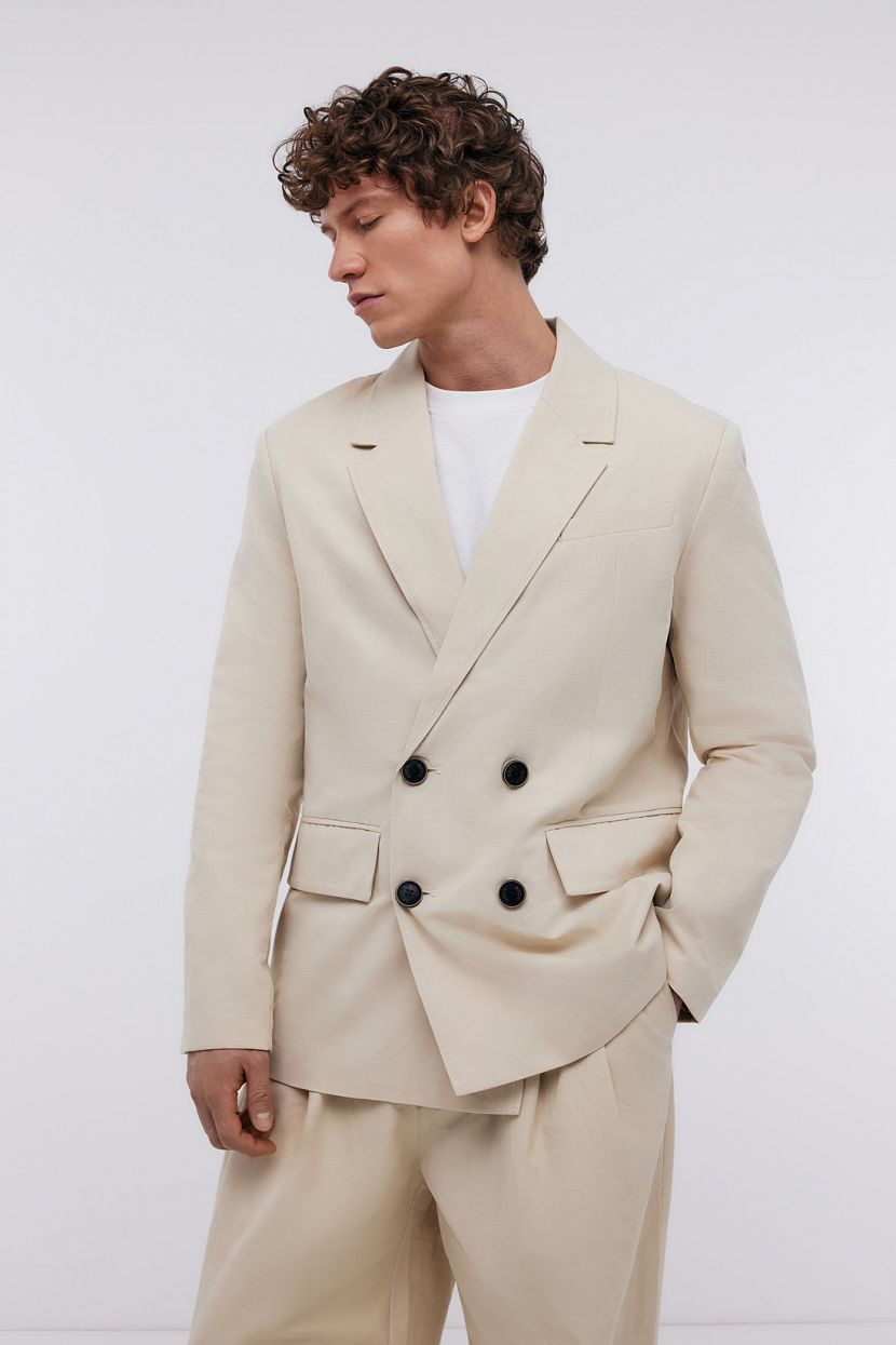 Двубортный пиджак на пуговицах с карманами, XXL, бежевый