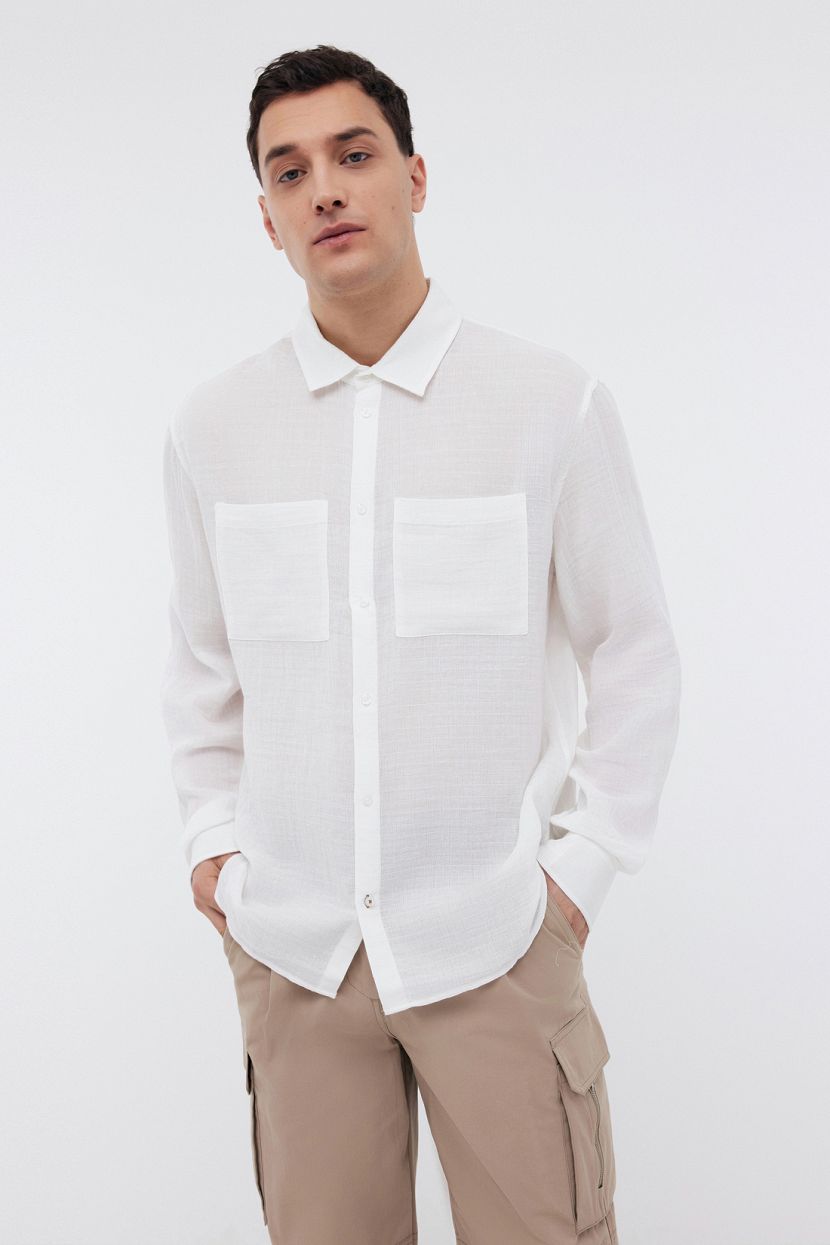 Рубашка из тонкого хлопка с длинным рукавом (арт. BAON B6624011), размер S, цвет белый