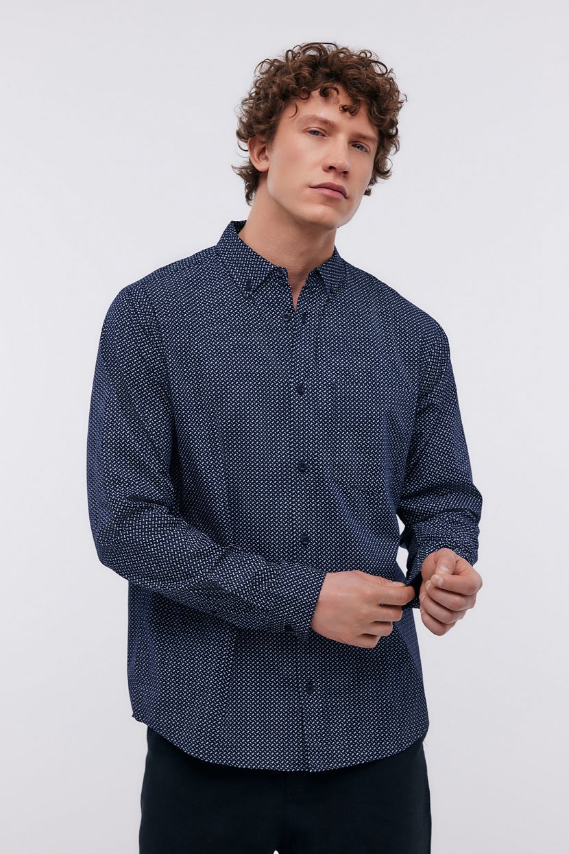 Рубашка из хлопка с длинным рукавом (арт. BAON B6624014), размер M, цвет синий Рубашка из хлопка с длинным рукавом (арт. BAON B6624014) - фото 1