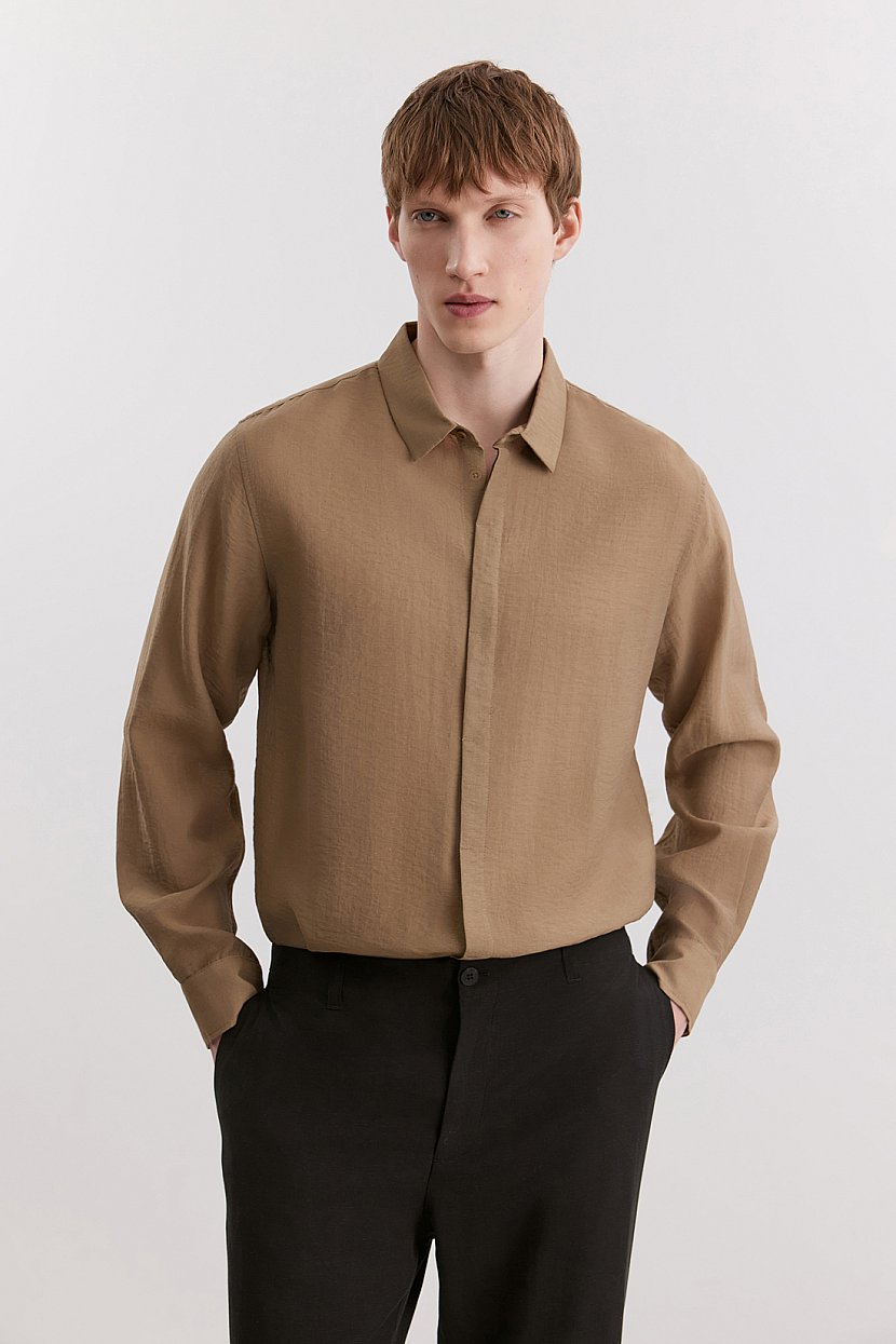 Рубашка из смесовой вискозной ткани, L, бежевый
