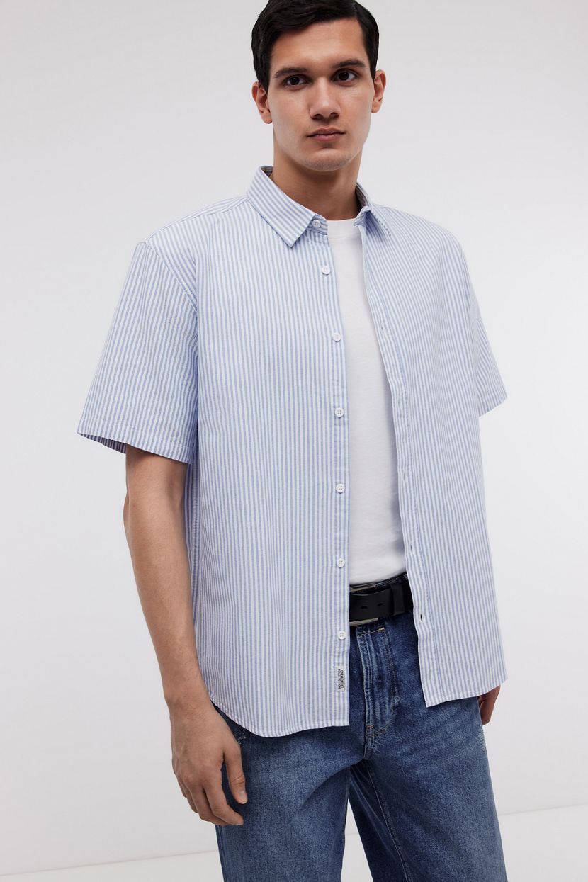 Рубашка из хлопка с коротким рукавом в полоску (арт. BAON B6824001), размер XXL, цвет голубой