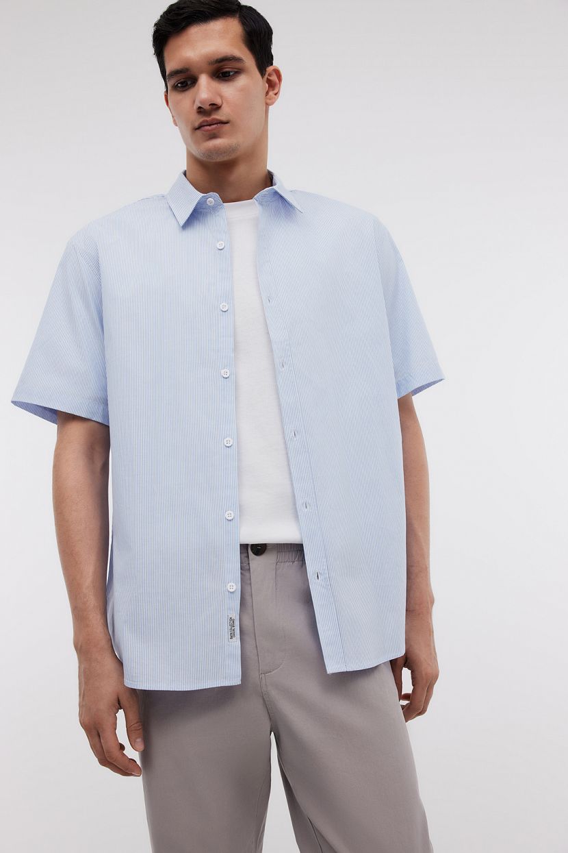 Рубашка из хлопка с коротким рукавом в полоску (арт. BAON B6824005), размер S, цвет голубой
