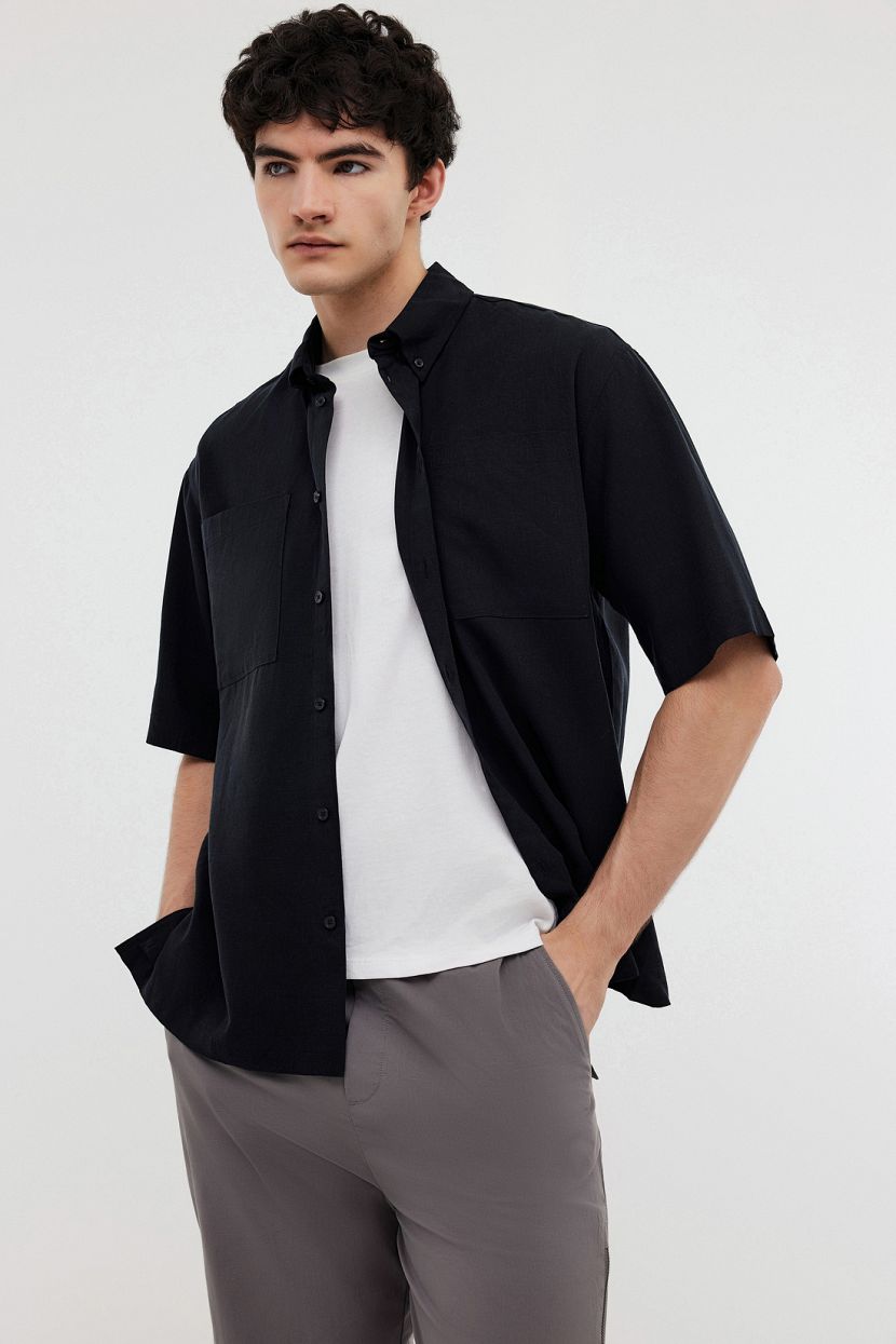 Рубашка из льна и вискозы с коротким рукавом (арт. BAON B6824007), размер XXL, цвет черный
