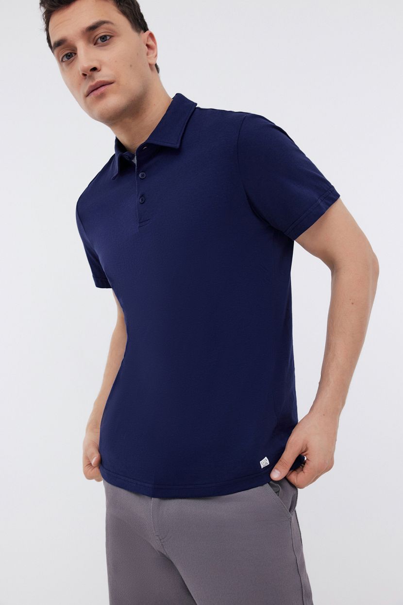 Однотонная футболка поло из хлопкового трикотажа (арт. BAON B7024004), размер L, цвет синий