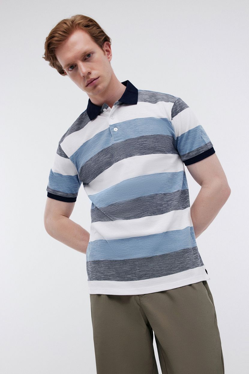 Трикотажное поло в широкую полоску 3XL голубой 1379₽