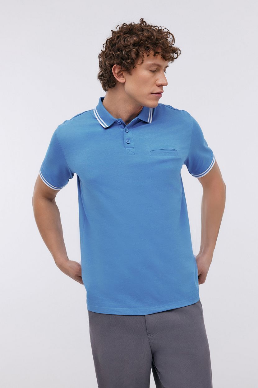 Трикотажная футболка поло с меланжевым эффектом (арт. BAON B7024201), размер L, цвет голубой