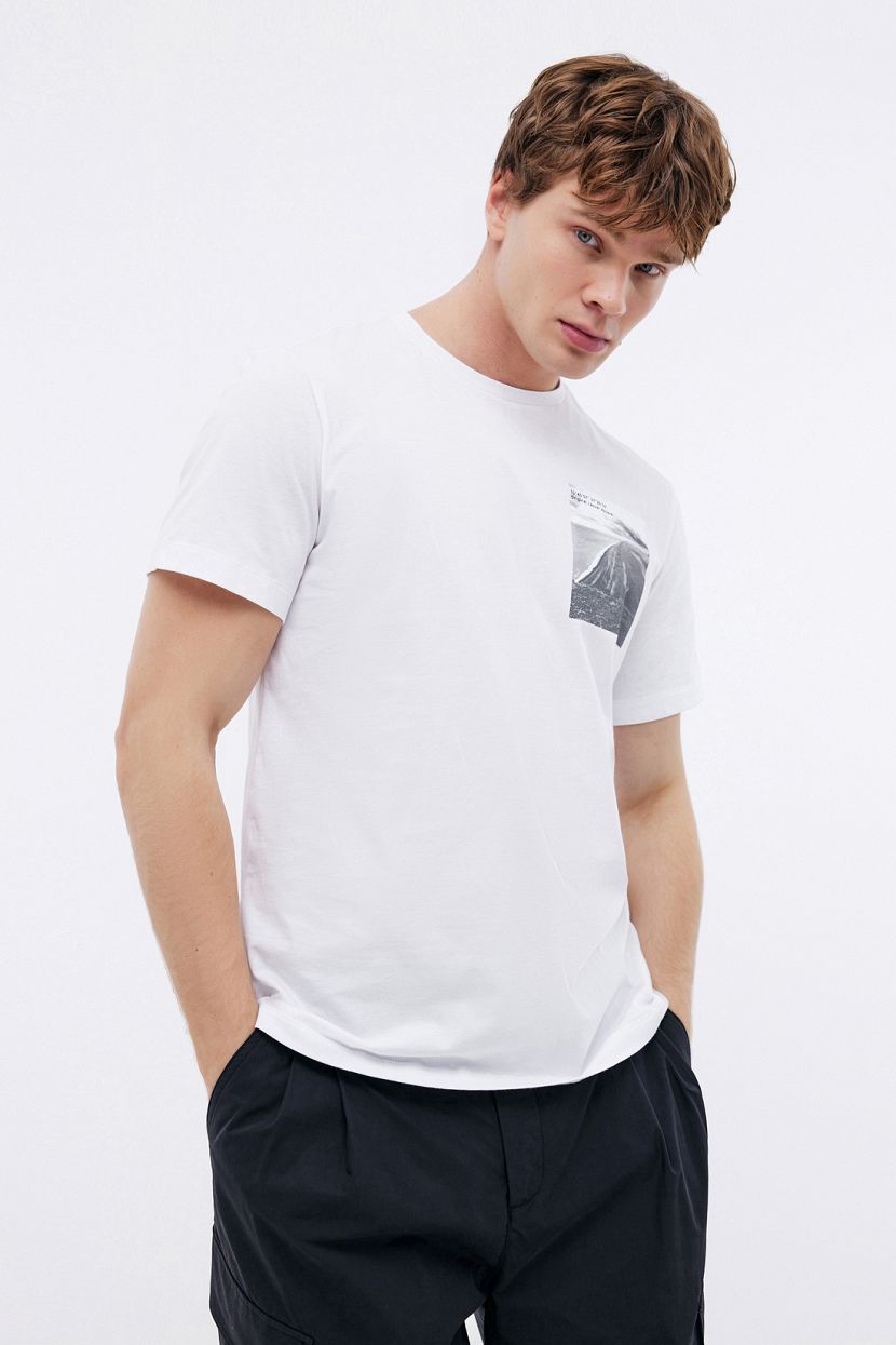 Хлопковая футболка прямого кроя с принтом, 3XL, белый