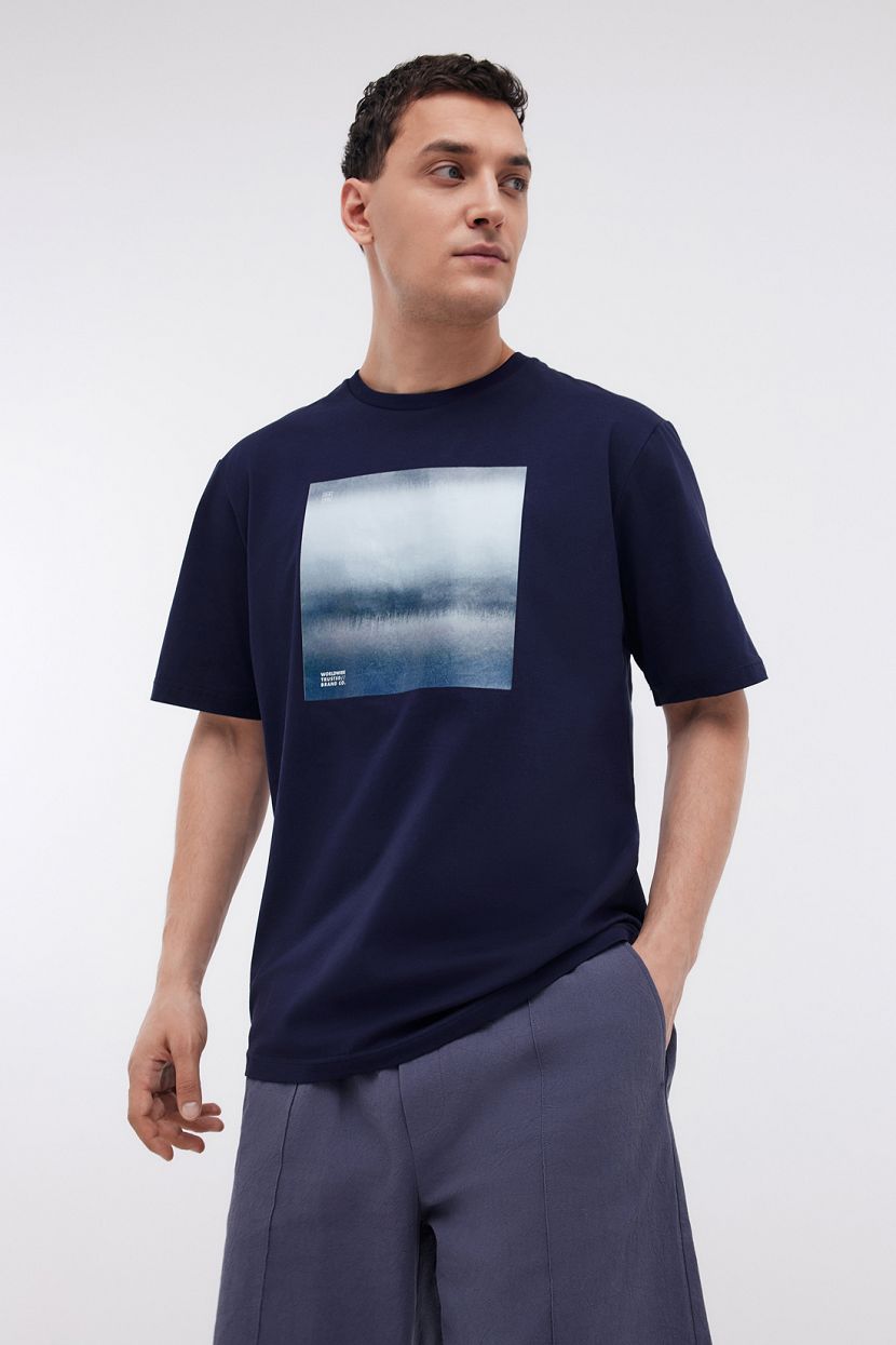 Прямая базовая футболка с фотопринтом (арт. BAON B7324023), размер XL, цвет синий