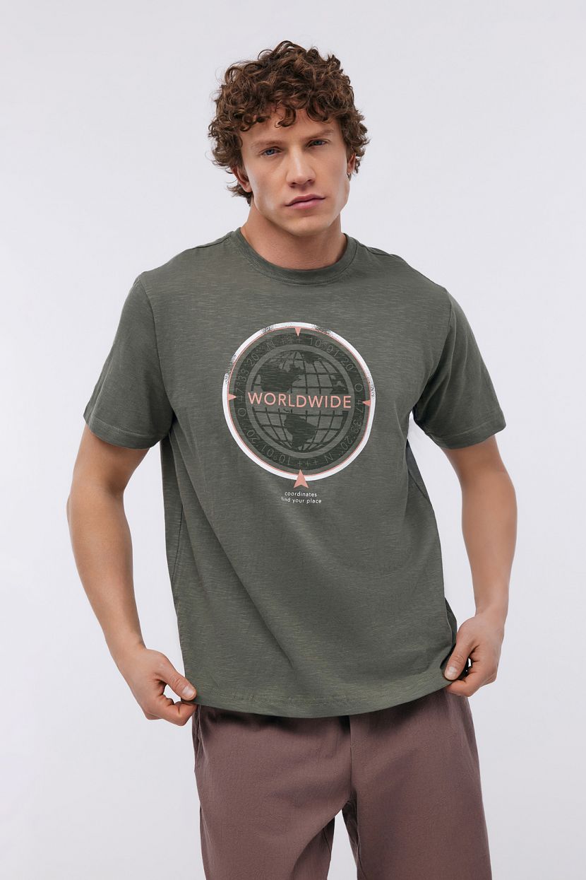 Базовая прямая футболка с принтом (арт. BAON B7324046), размер 3XL, цвет зеленый