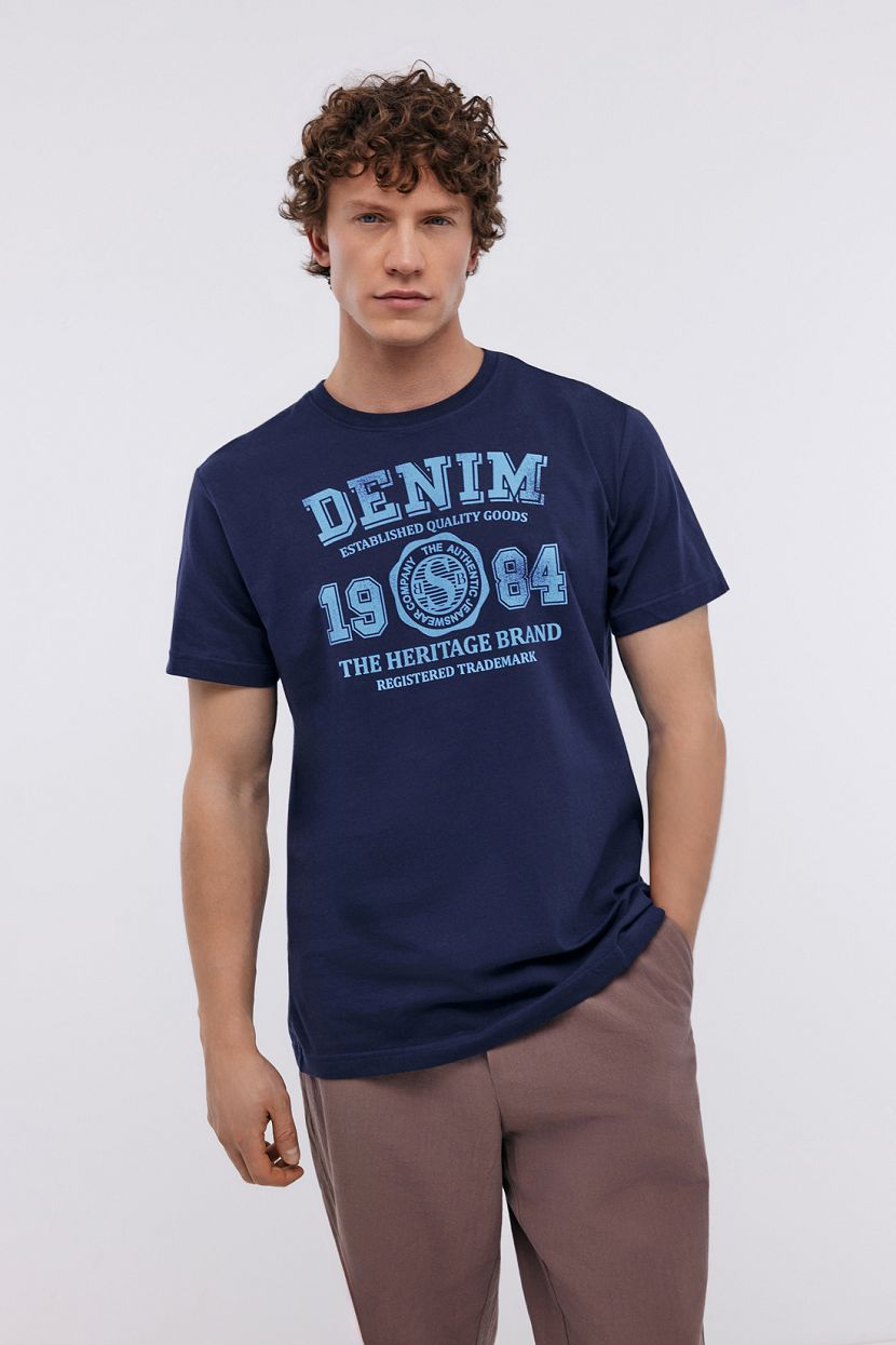 Прямая футболка из хлопка с принтом, XXL, синий