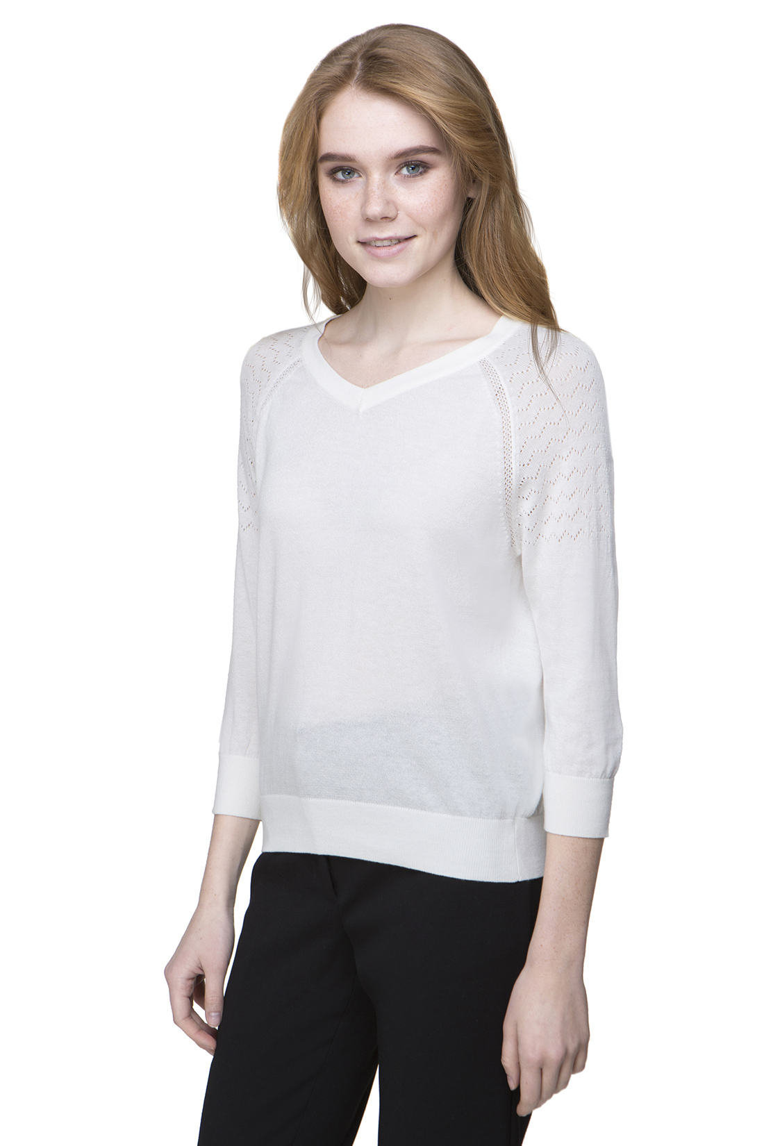 Пуловер с ажурными рукавами (арт. baon B137007), размер XS, цвет белый Пуловер с ажурными рукавами (арт. baon B137007) - фото 1