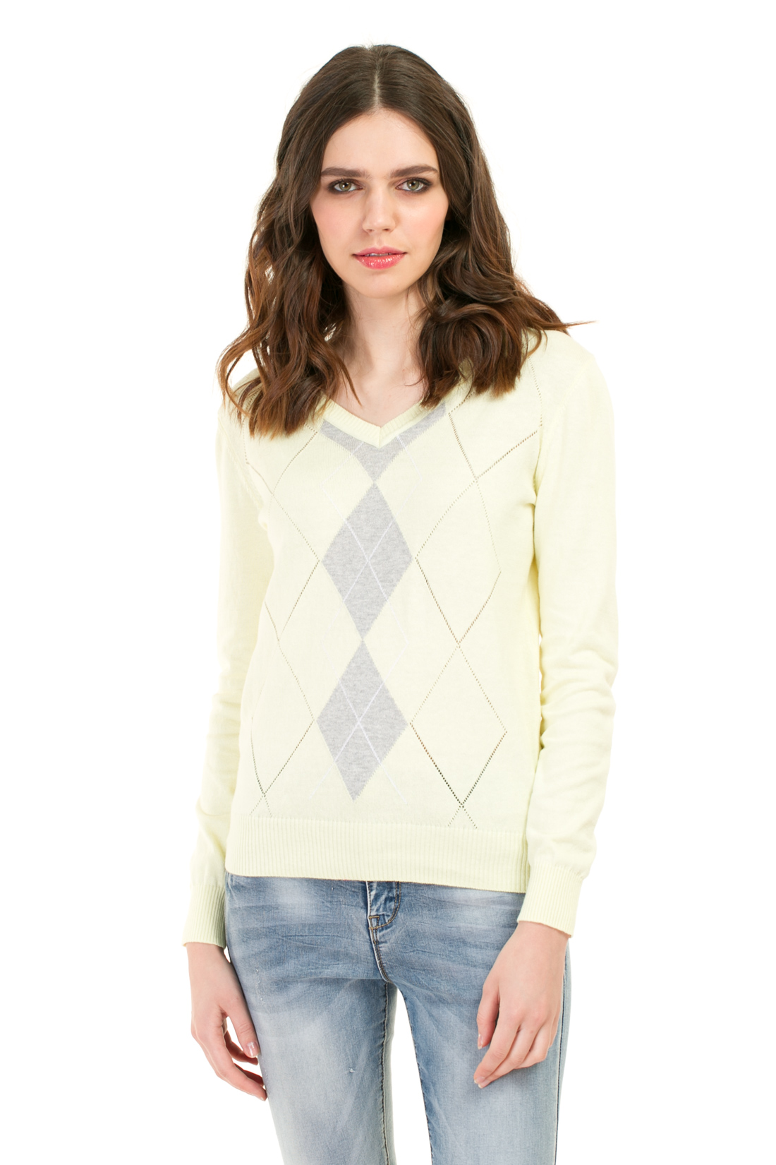 Базовый пуловер с ромбами (арт. baon B137204), размер L, цвет белый Базовый пуловер с ромбами (арт. baon B137204) - фото 1