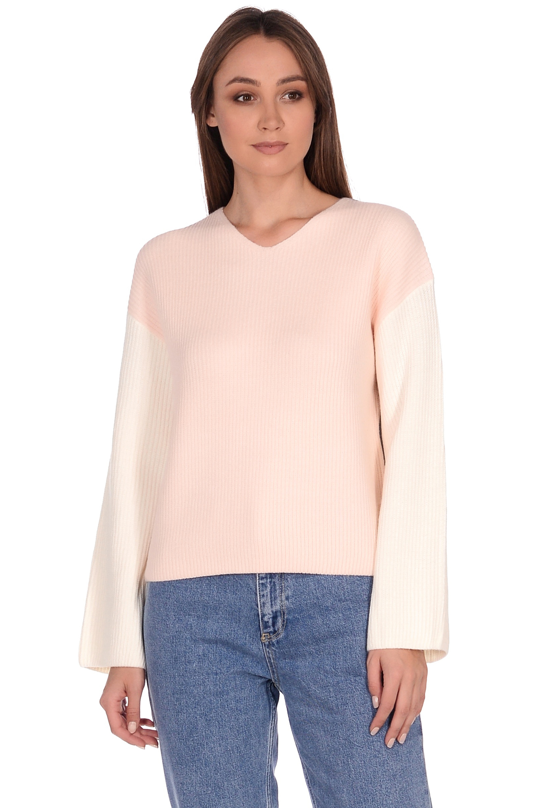 Укороченный пуловер в стиле колор-блок (арт. baon B139565), размер L, цвет белый Укороченный пуловер в стиле колор-блок (арт. baon B139565) - фото 4