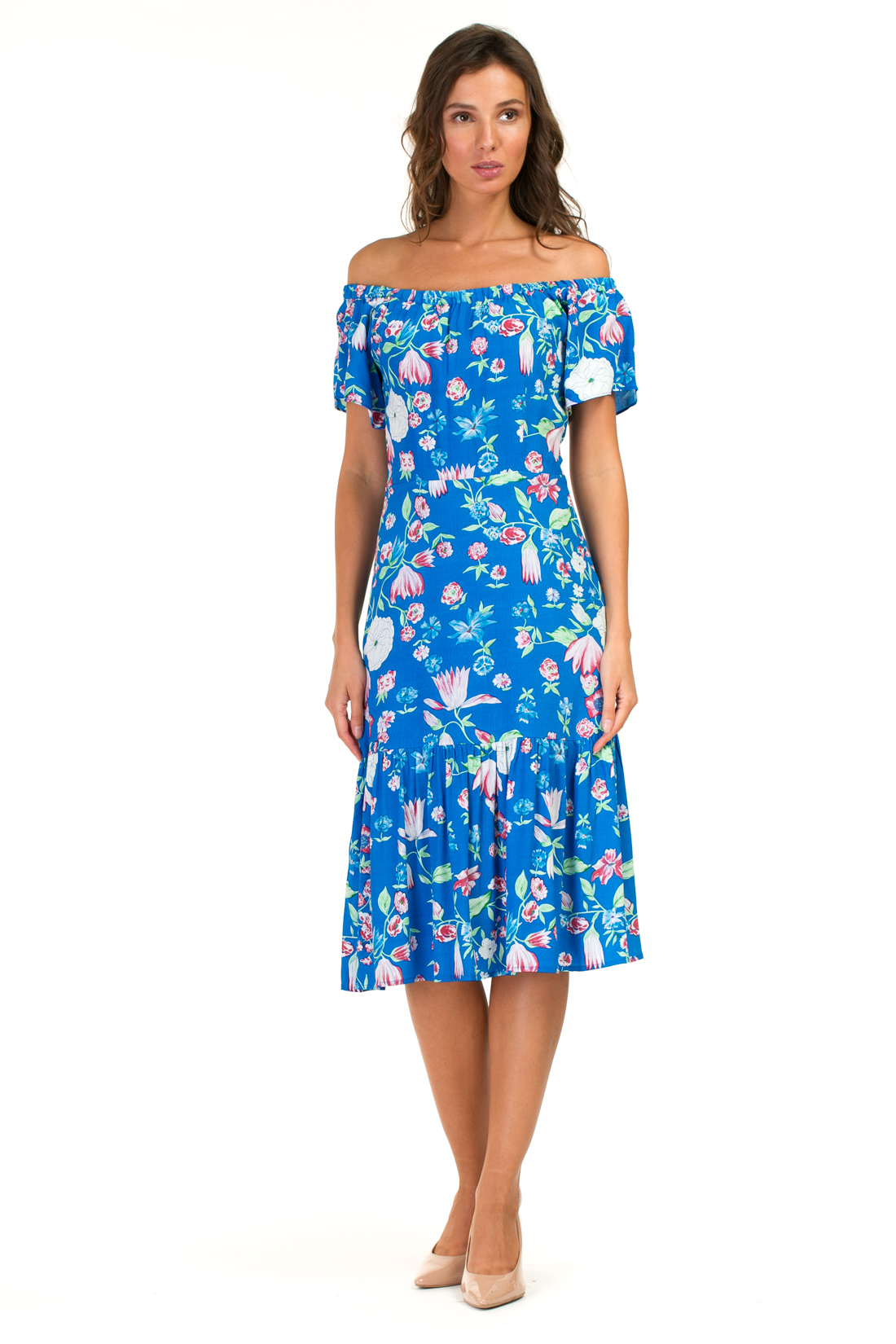 Платье с оборкой и открытыми плечами (арт. baon B457055), размер XS, цвет синий Платье с оборкой и открытыми плечами (арт. baon B457055) - фото 1