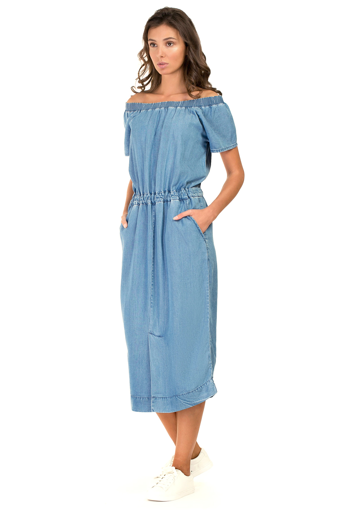 Платье с открытыми плечами из денима (арт. baon B457076), размер M, цвет light blue denim#голубой Платье с открытыми плечами из денима (арт. baon B457076) - фото 5