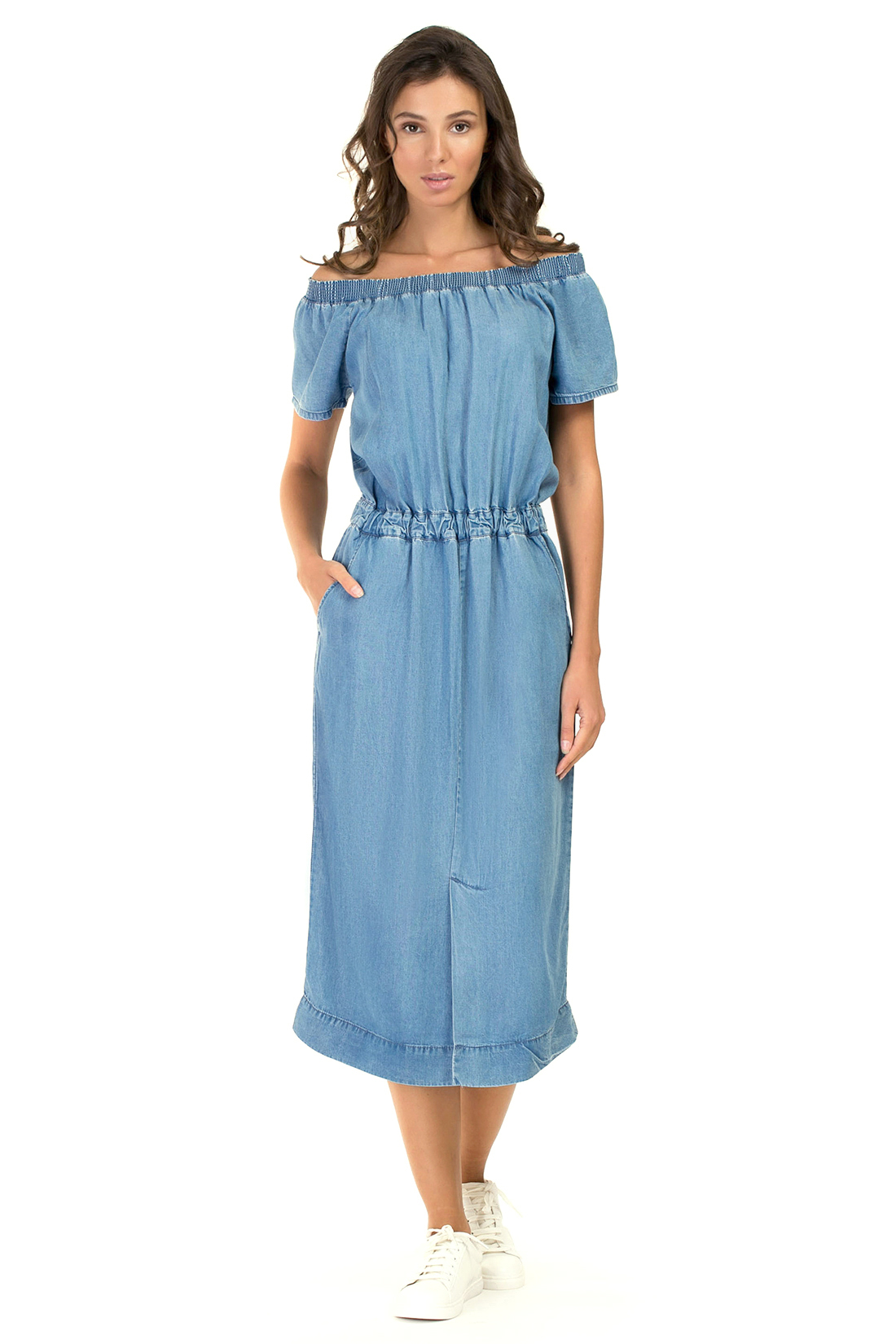 Платье с открытыми плечами из денима (арт. baon B457076), размер M, цвет light blue denim#голубой Платье с открытыми плечами из денима (арт. baon B457076) - фото 1