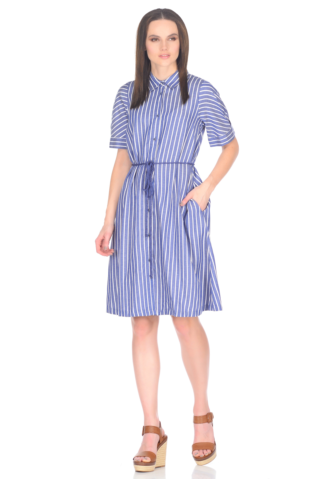 Платье-рубашка со льном (арт. baon B458029), размер S, цвет dark navy striped#синий Платье-рубашка со льном (арт. baon B458029) - фото 1