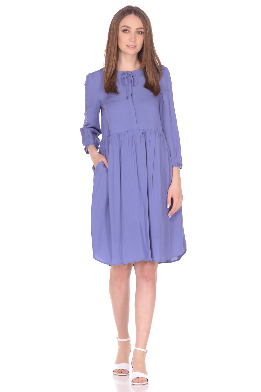 Платье с кружевным узором на рукавах (арт. baon B458096), размер S, цвет синий Платье с кружевным узором на рукавах (арт. baon B458096) - фото 1
