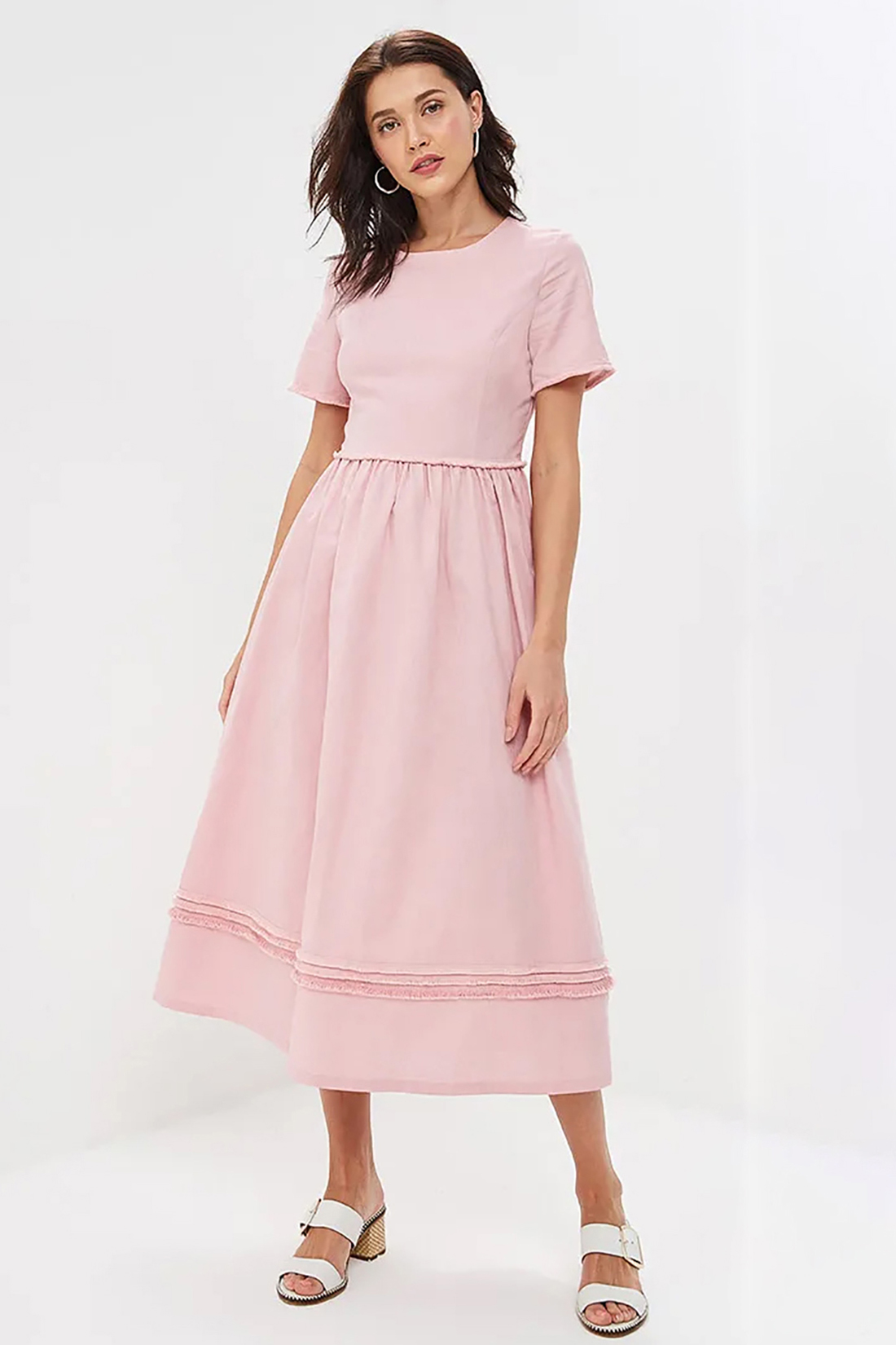 Платье из смесового льна с бахромой (арт. baon B459034), размер XL, цвет розовый Платье из смесового льна с бахромой (арт. baon B459034) - фото 1