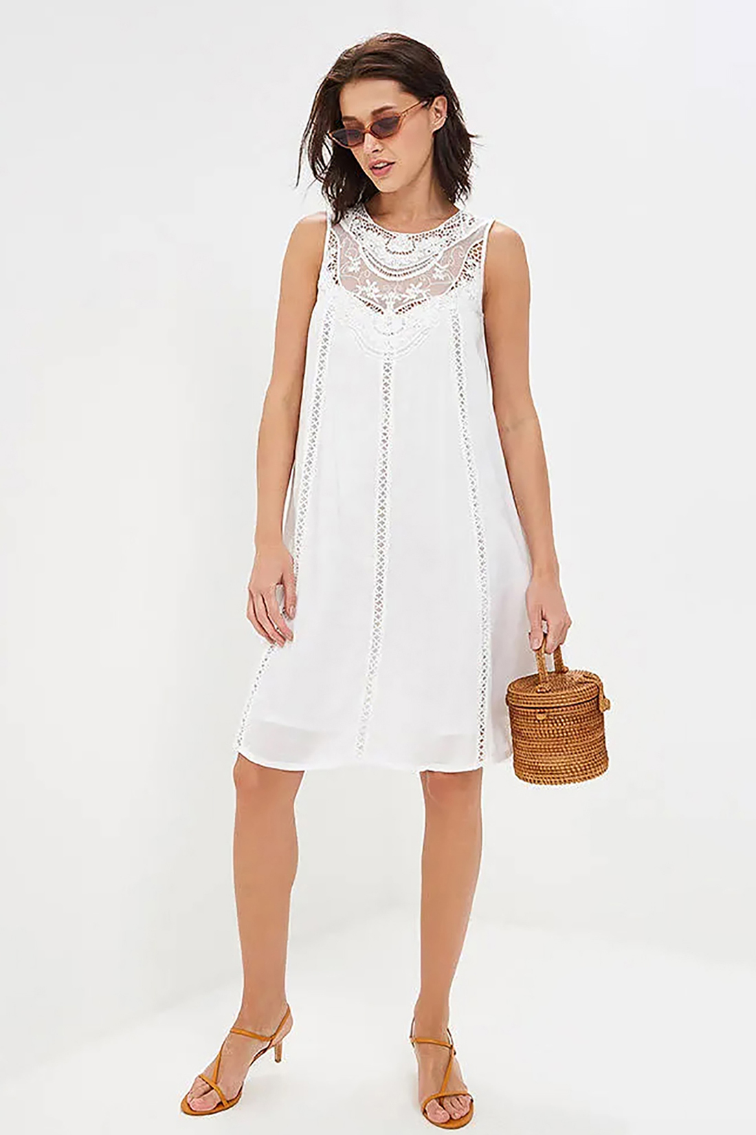 Платье с кружевной кокеткой (арт. baon B459069), размер L, цвет белый Платье с кружевной кокеткой (арт. baon B459069) - фото 1