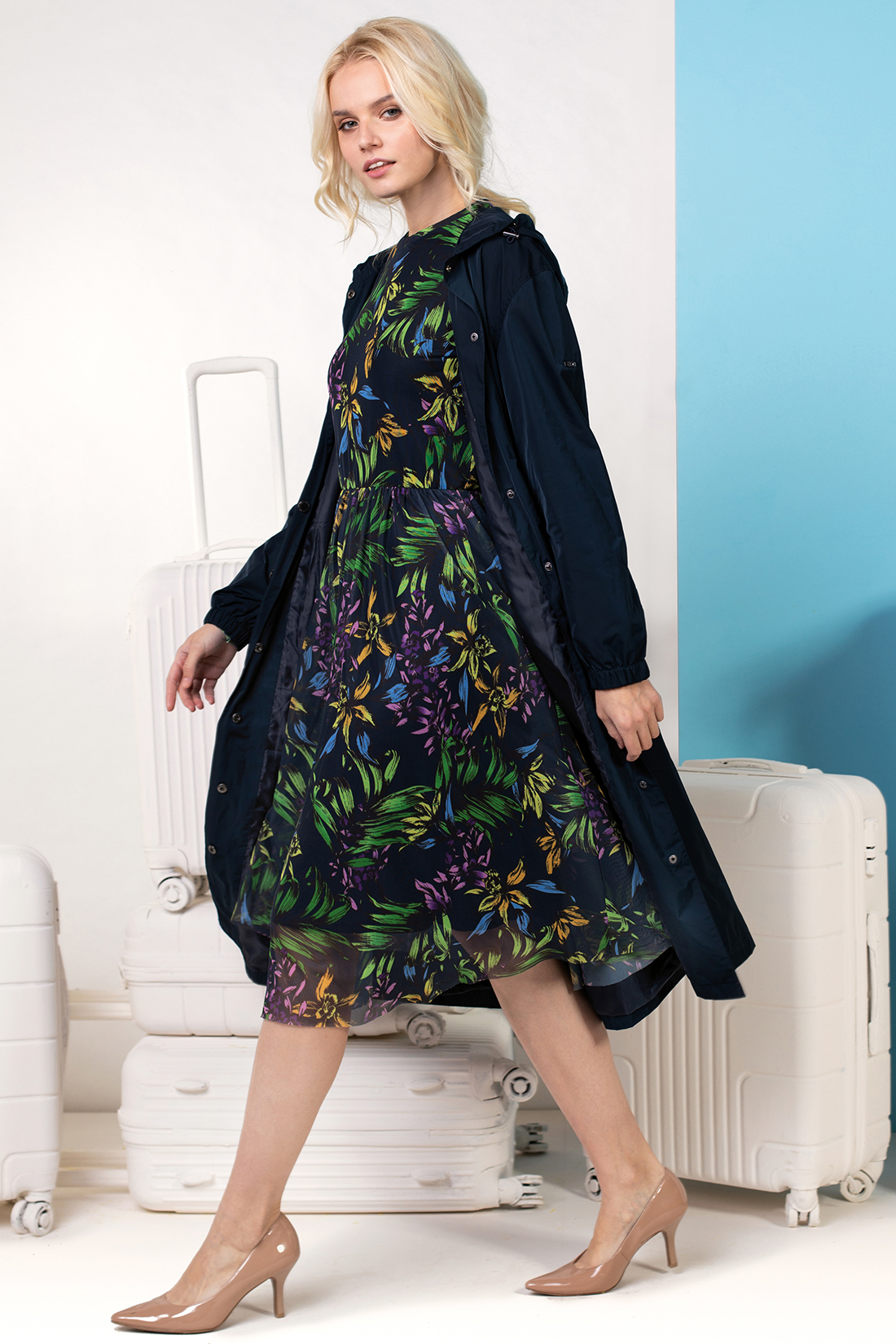 Платье из трикотажной сетки (арт. baon B459100), размер XS, цвет dark navy printed#синий Платье из трикотажной сетки (арт. baon B459100) - фото 1
