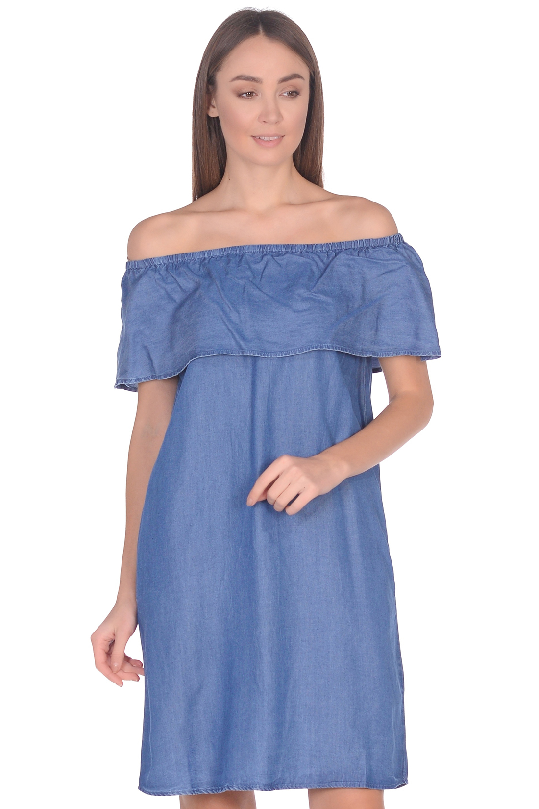 Платье с воланом из денима-шамбри (арт. baon B459102), размер M, цвет blue denim#голубой Платье с воланом из денима-шамбри (арт. baon B459102) - фото 3