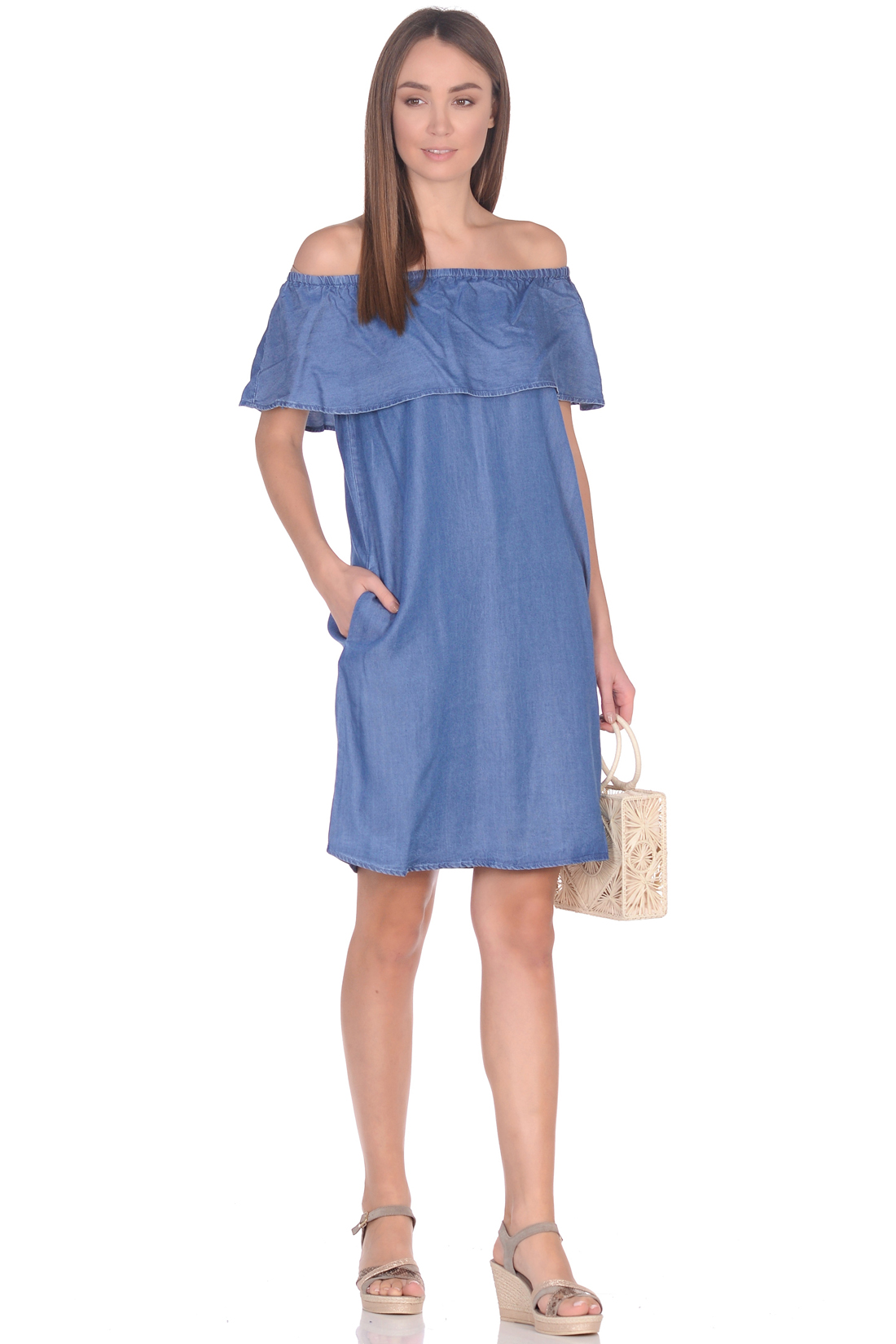 Платье с воланом из денима-шамбри (арт. baon B459102), размер M, цвет blue denim#голубой Платье с воланом из денима-шамбри (арт. baon B459102) - фото 1