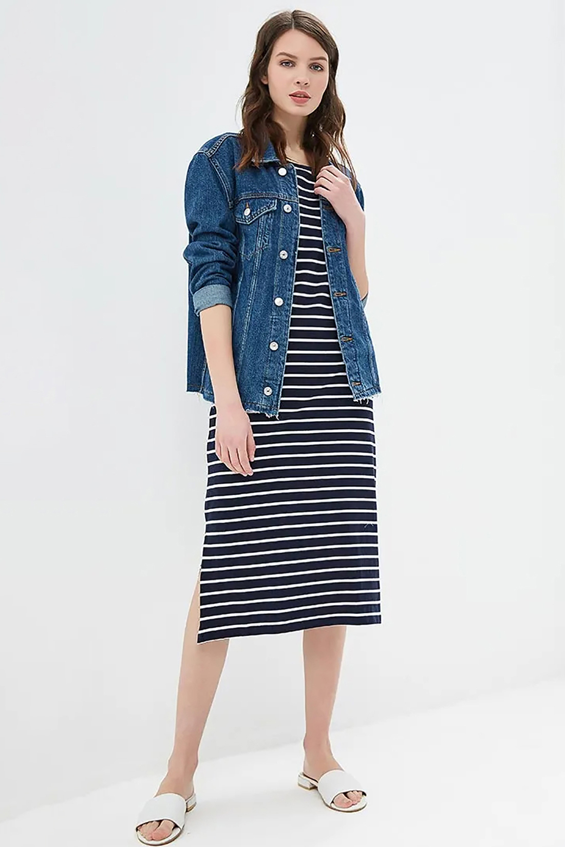 Миди-платье в полоску (арт. baon B459106), размер XS, цвет dark navy striped#синий Миди-платье в полоску (арт. baon B459106) - фото 1