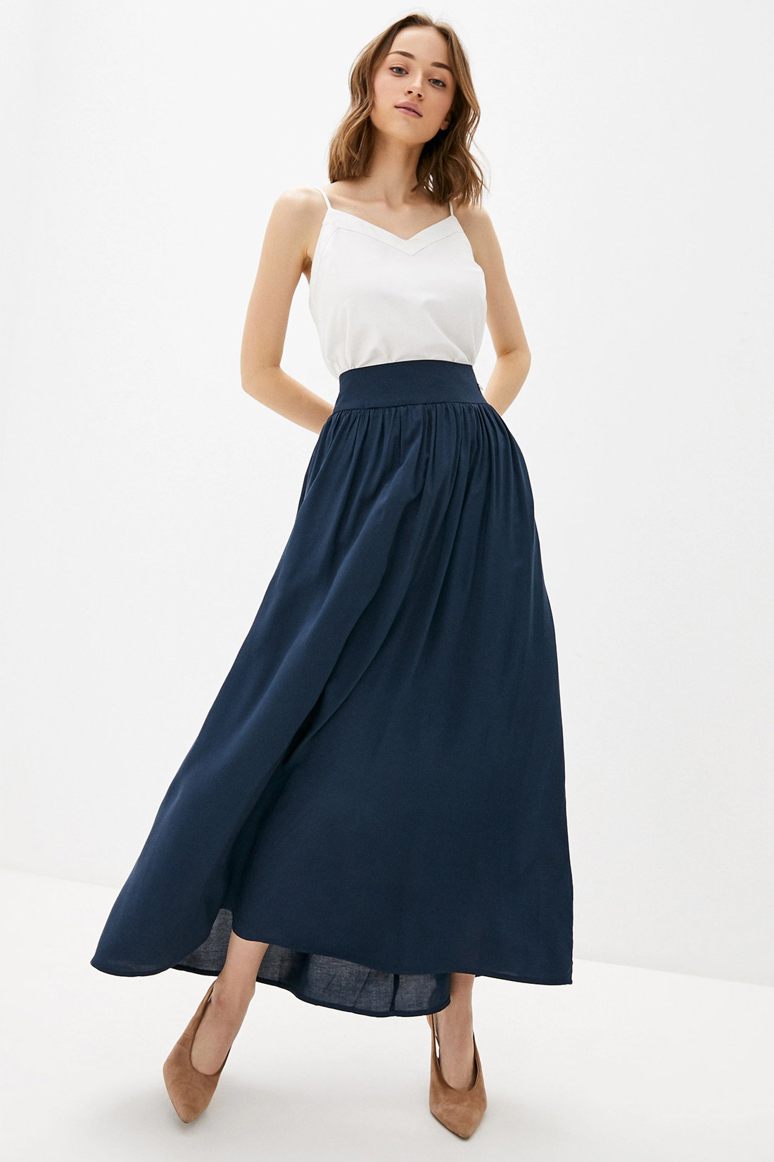 Длинная юбка на кокетке (арт. baon B470027), размер XS, цвет синий Длинная юбка на кокетке (арт. baon B470027) - фото 1