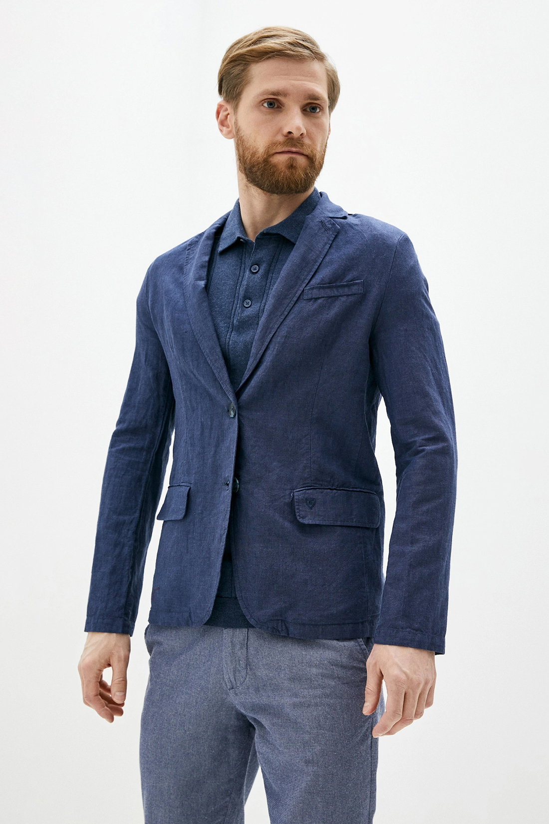 Льняной пиджак (арт. baon B620004), размер XXL, цвет deep navy melange#синий