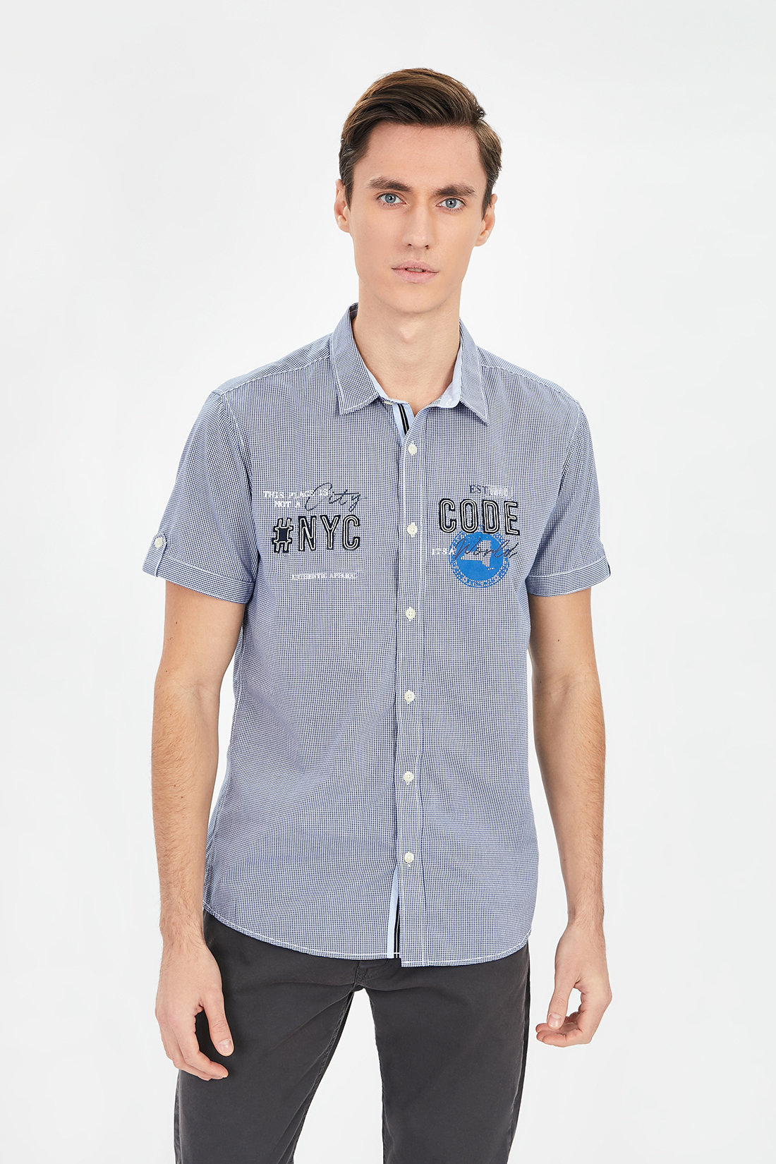 Рубашка (арт. baon B681012), размер L, цвет deep navy checked#синий
