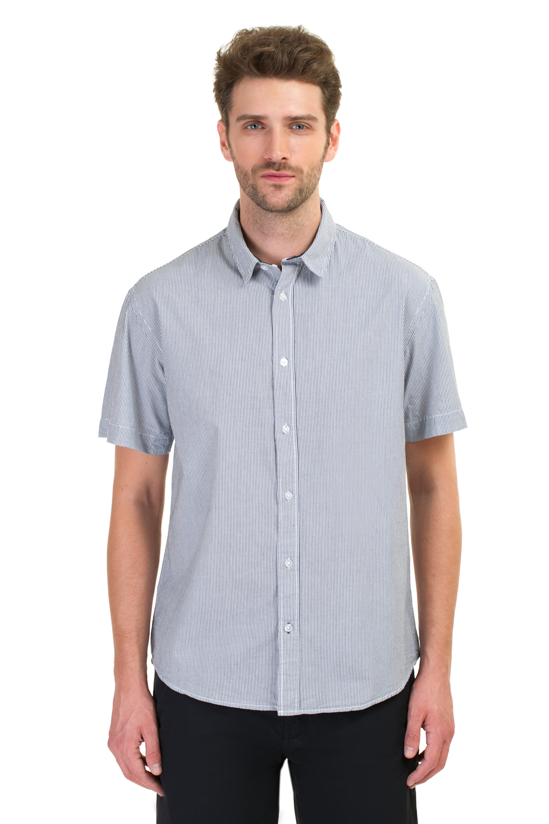 Рубашка с коротким рукавом в полоску (арт. baon B687018), размер XXL, цвет синий